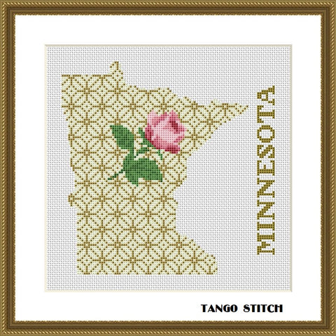 Minnesota state map silhouette flower ornament cross stitch pattern