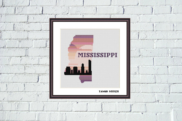 Mississippi state map sunset skyline silhouette cross stitch pattern