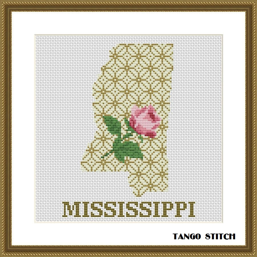 Mississippi state map silhouette flower ornament cross stitch pattern