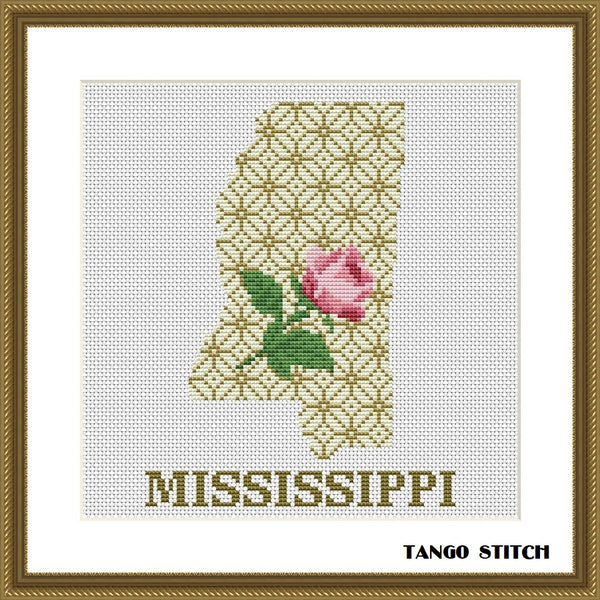 Mississippi state map silhouette flower ornament cross stitch pattern