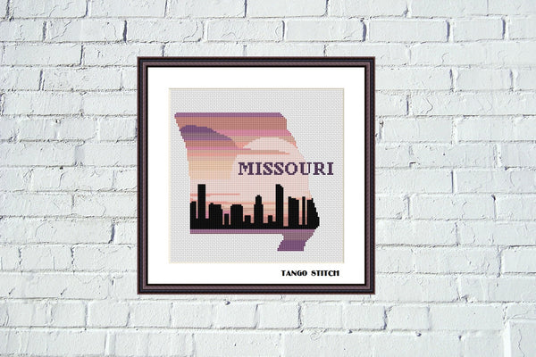 Missouri state map sunset skyline silhouette cross stitch pattern