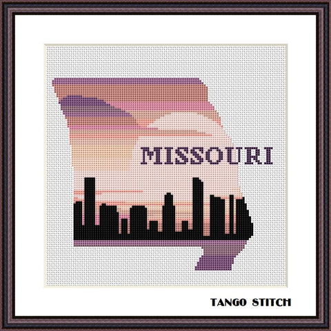 Missouri state map sunset skyline silhouette cross stitch pattern