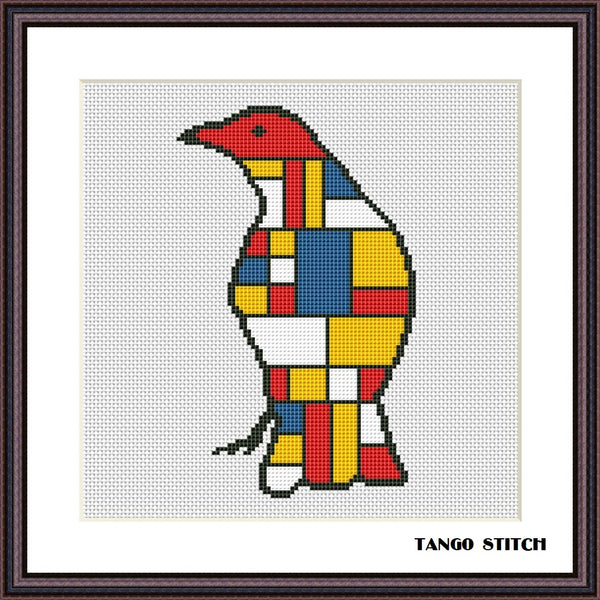 Mondrian style bird cross stitch hand embroidery pattern