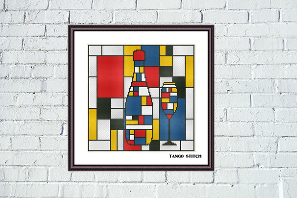 Mondrian abstract wine bottle and glass cross stitch pattern