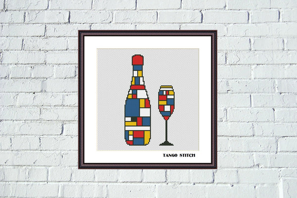 Mondrian style abstract bottle & glass set cross stitch pattern