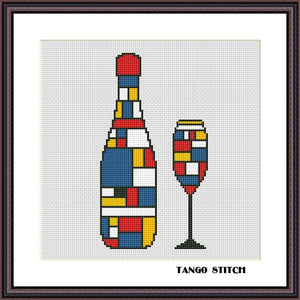 Mondrian style abstract bottle & glass set cross stitch pattern