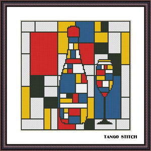 Mondrian abstract wine bottle and glass cross stitch pattern