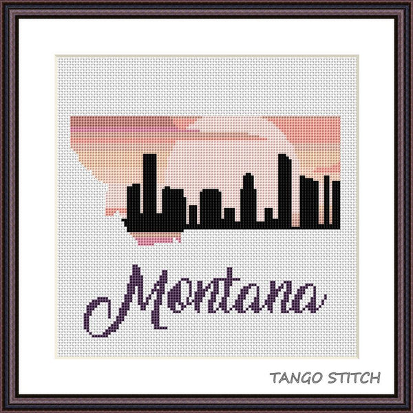 Montana state map silhouette sunset skyline cross stitch pattern