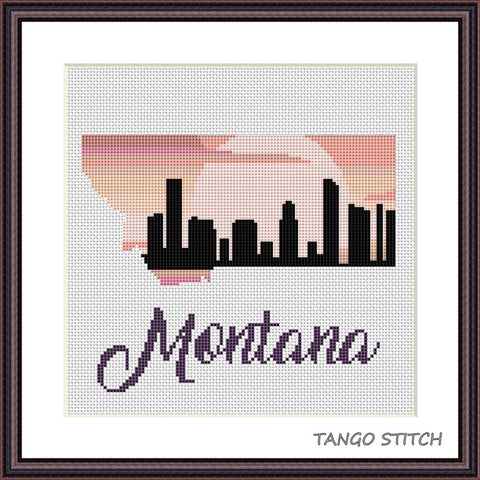 Montana state map silhouette sunset skyline cross stitch pattern
