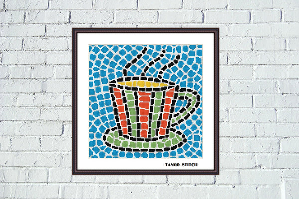 Cup of tea blue mosaic cross stitch embroidery pattern - Tango Stitch