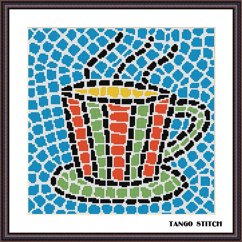 Cup of tea blue mosaic cross stitch embroidery pattern - Tango Stitch