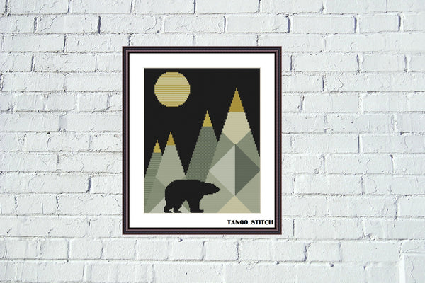 Wild bear at the mountains landscape geometric cross stitch pattern