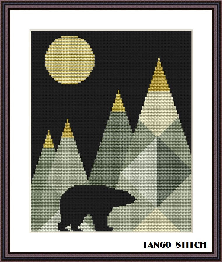 Wild bear at the mountains landscape geometric cross stitch pattern