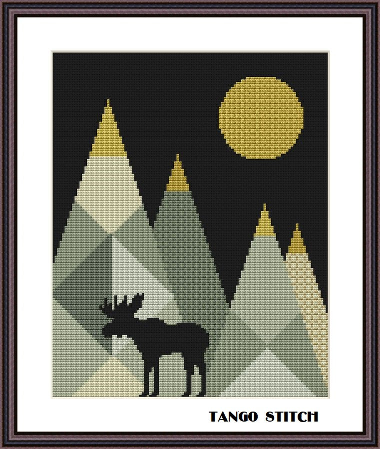 Mountains moose landscape geometric cross stitch pattern