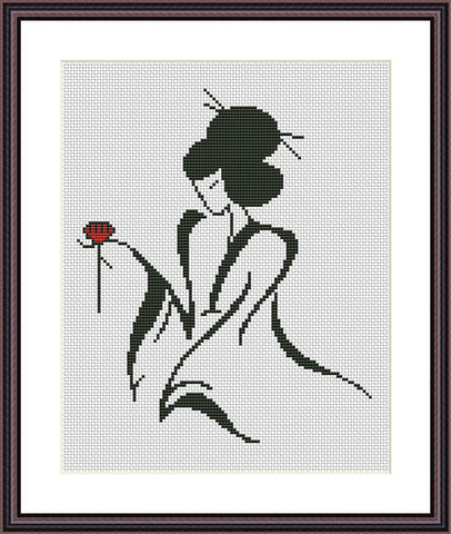 Geisha black and white cross stitch pattern Romantic embroidery design