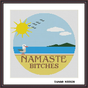 Namaste Bitches seaside landscape cross stitch pattern
