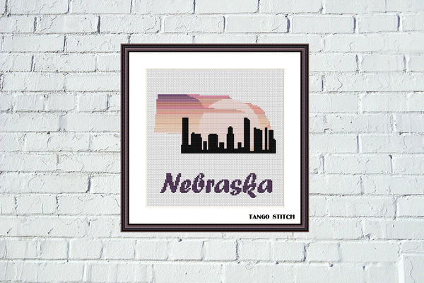 Nebraska USA state map skyline sunset cross stitch pattern, Tango Stitch