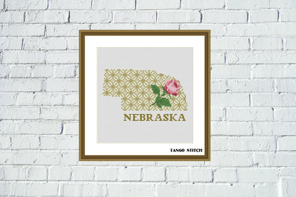 Nebraska state map silhouette rose ornament cross stitch pattern