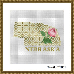 Nebraska state map silhouette rose ornament cross stitch pattern