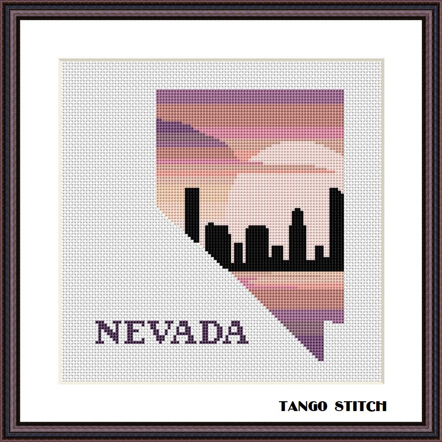Nevada state map skyline silhouette sunset cross stitch pattern