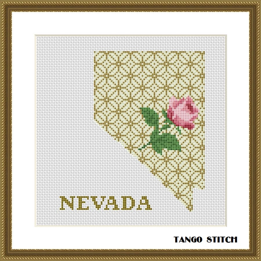 Nevada state map rose ornament cross stitch pattern