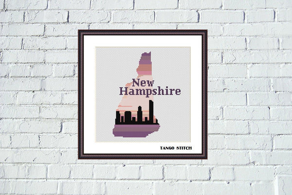 New Hampshire state map skyline sunset cross stitch pattern