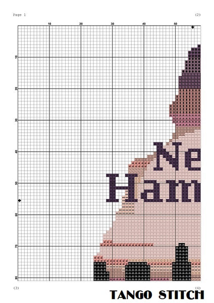 New Hampshire state map skyline sunset cross stitch pattern