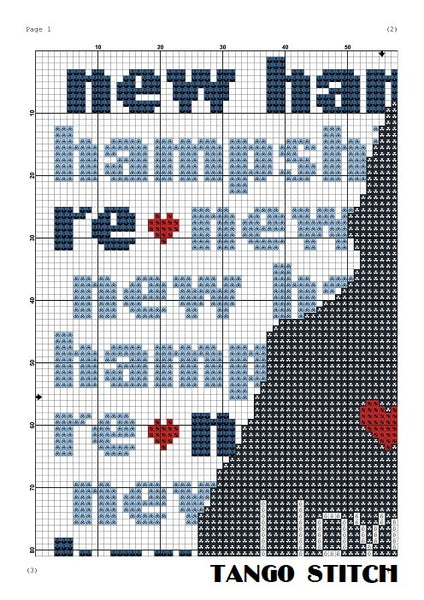 New Hampshire state map typography cross stitch pattern - Tango Stitch