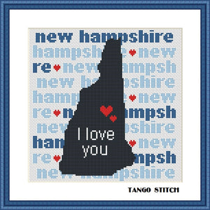 New Hampshire state map typography cross stitch pattern - Tango Stitch