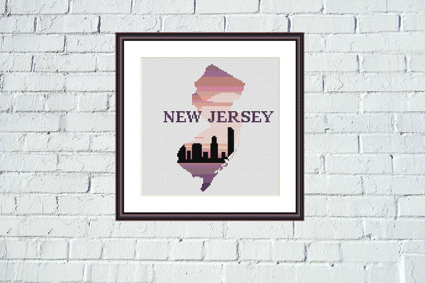 New Jersey state map sunset skyline silhouette cross stitch pattern