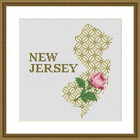 New Jersey state map silhouette rose ornament cross stitch pattern