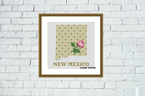 New Mexico state map silhouette rose ornament cross stitch pattern