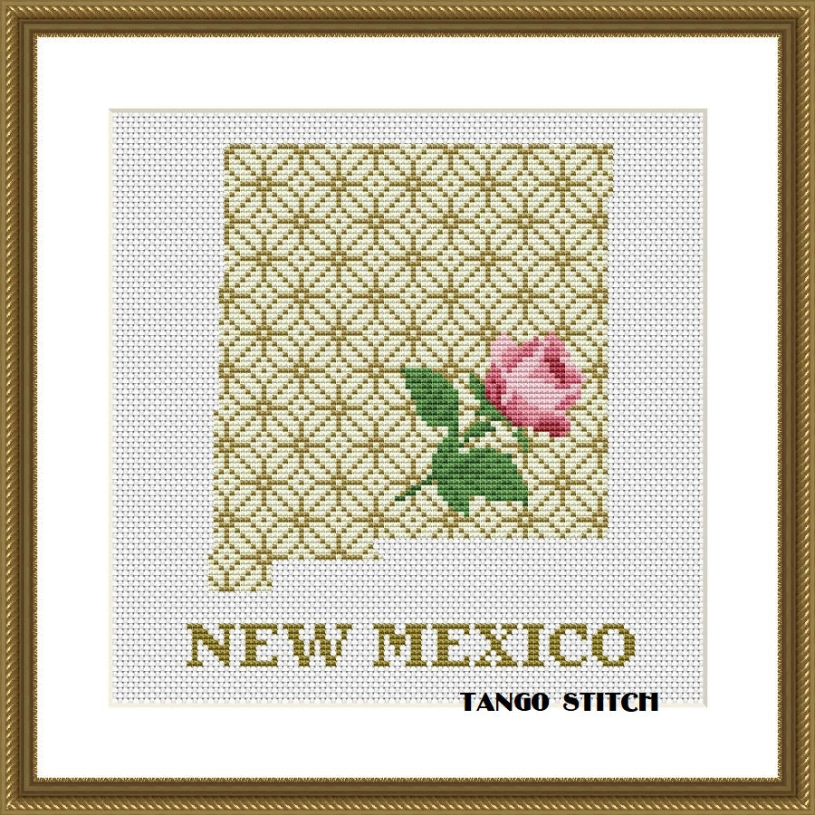 New Mexico state map silhouette rose ornament cross stitch pattern