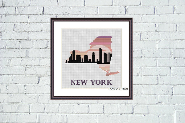 New York state map skyline silhouette sunset cross stitch pattern