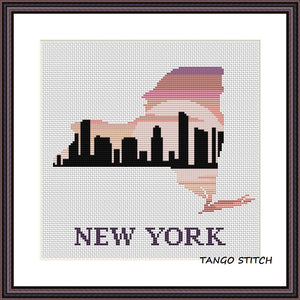 New York state map skyline silhouette sunset cross stitch pattern