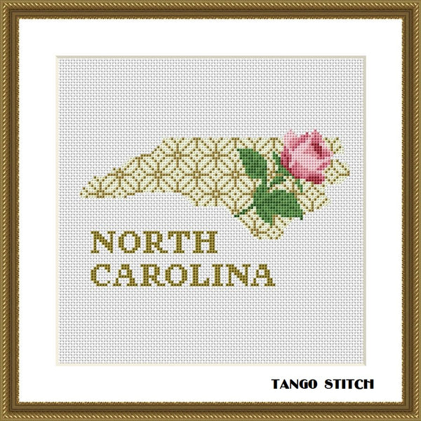 North Carolina state map flower ornament cross stitch pattern