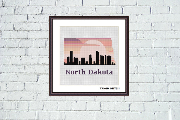North Dakota state map skyline silhouette sunset cross stitch pattern
