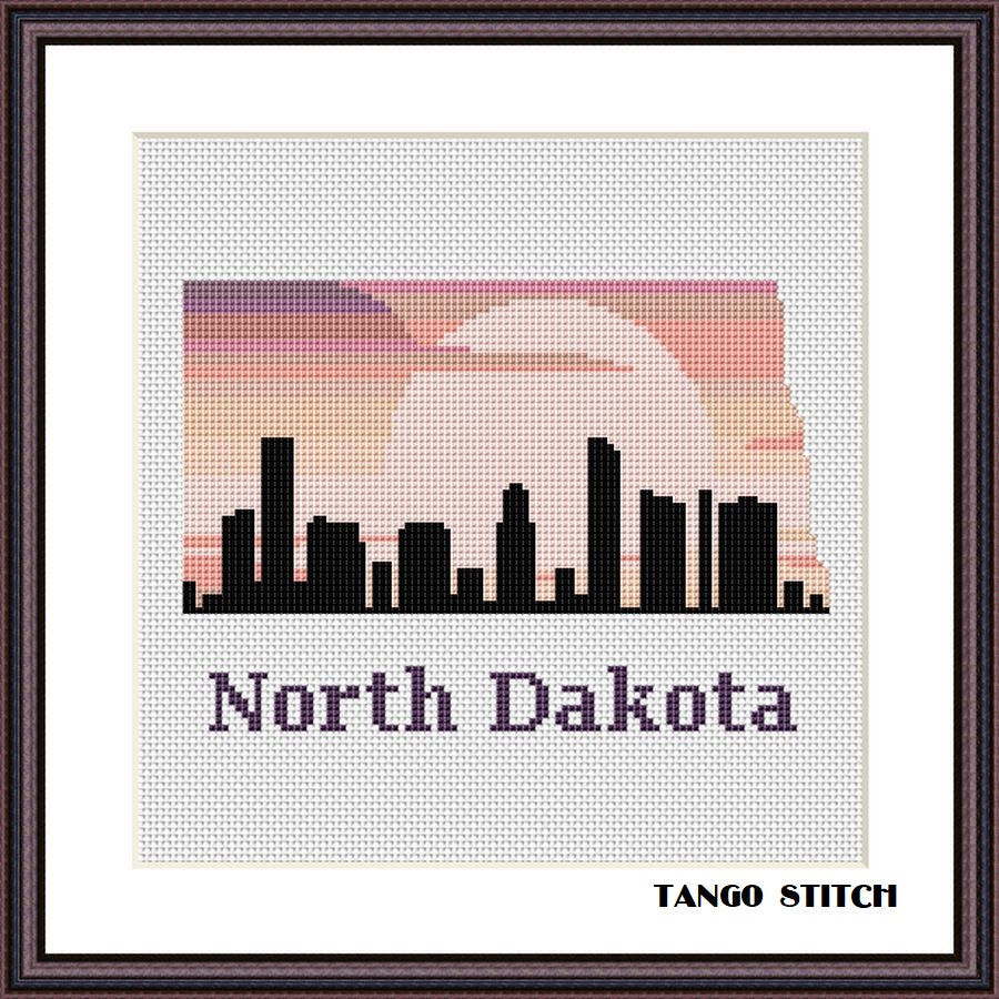 North Dakota state map skyline silhouette sunset cross stitch pattern