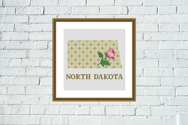 North Dakota state map flower ornament cross stitch pattern