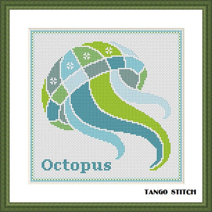 Blue geometric octopus cross stitch ornament pattern
