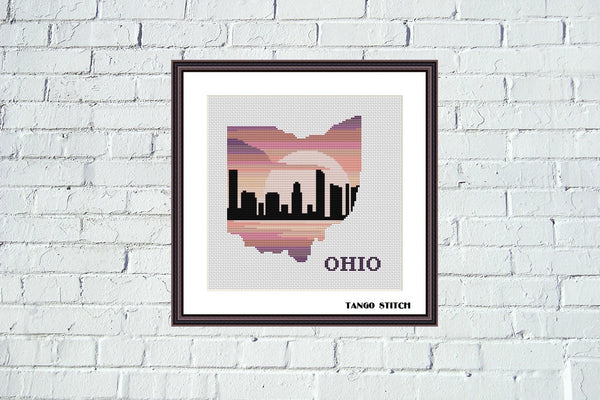 Ohio state map skyline sunset cross stitch pattern