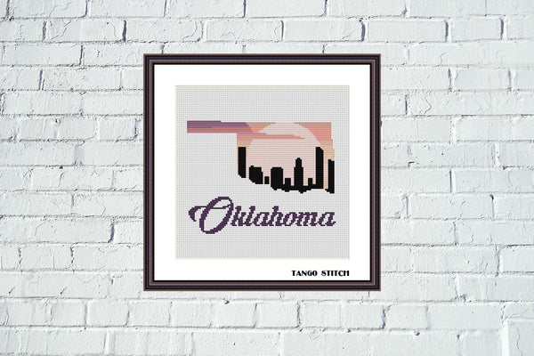 Oklahoma state map skyline silhouette sunset cross stitch pattern