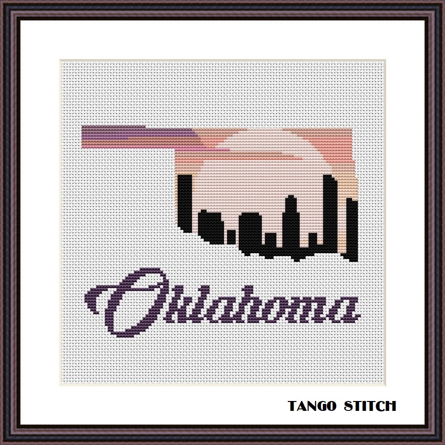 Oklahoma state map skyline silhouette sunset cross stitch pattern