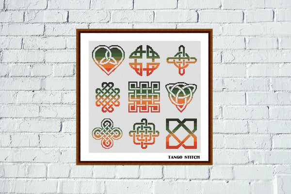 Orange green celtic cross stitch ornament sampler