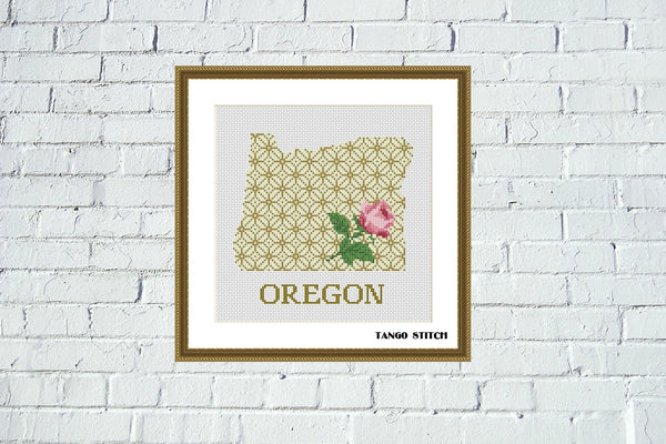 Oregon state map silhouette flower ornament cross stitch pattern