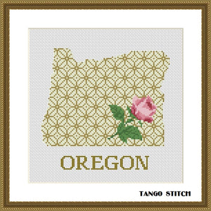 Oregon state map silhouette flower ornament cross stitch pattern