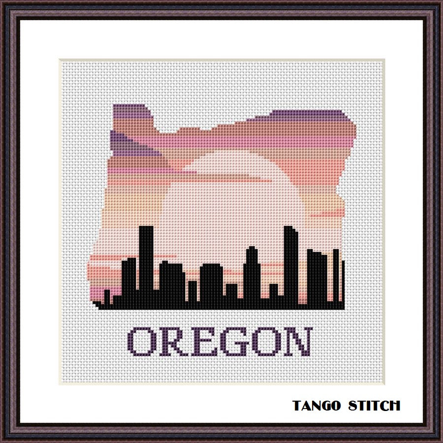 Oregon state map silhouette sunset cross stitch pattern