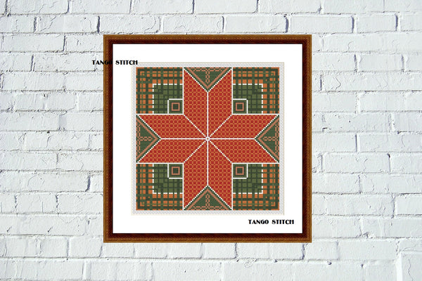 Orange green ornament counted cross stitch embroidery - Tango Stitch