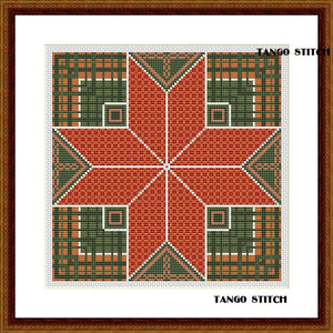 Orange green ornament counted cross stitch embroidery - Tango Stitch