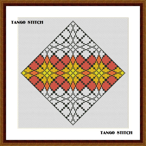 Yellow orange geometric ornament cross stitch embroidery - Tango Stitch